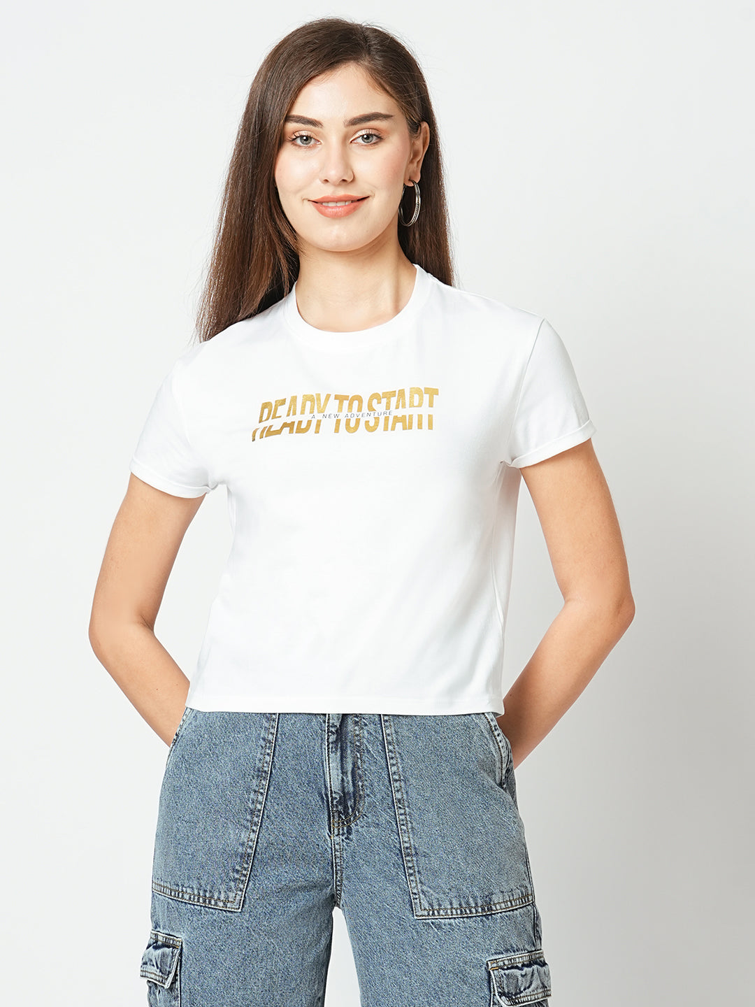 Women Off White Printed Slim T-Shirt