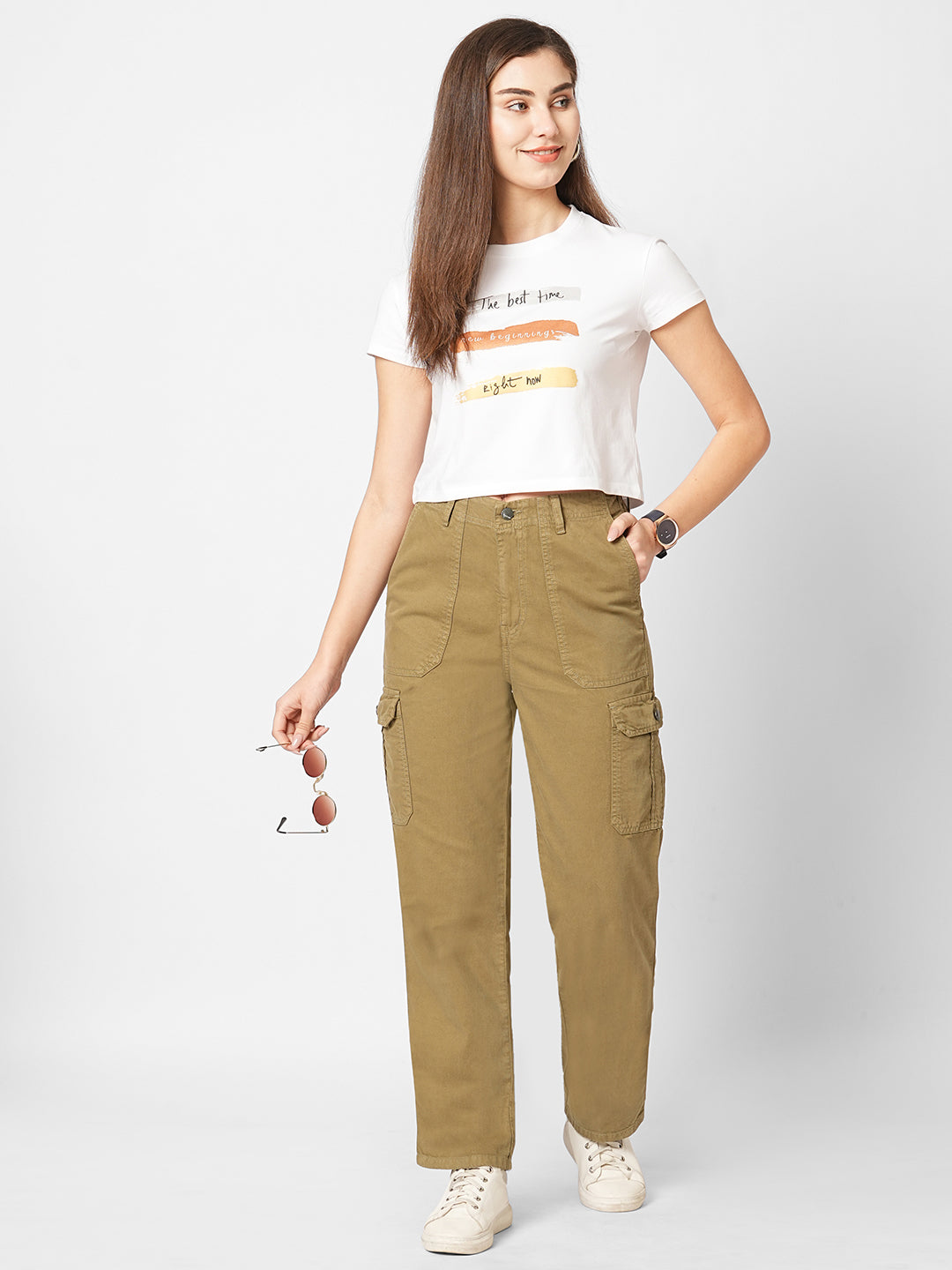 Women Olive High-Rise Cargo