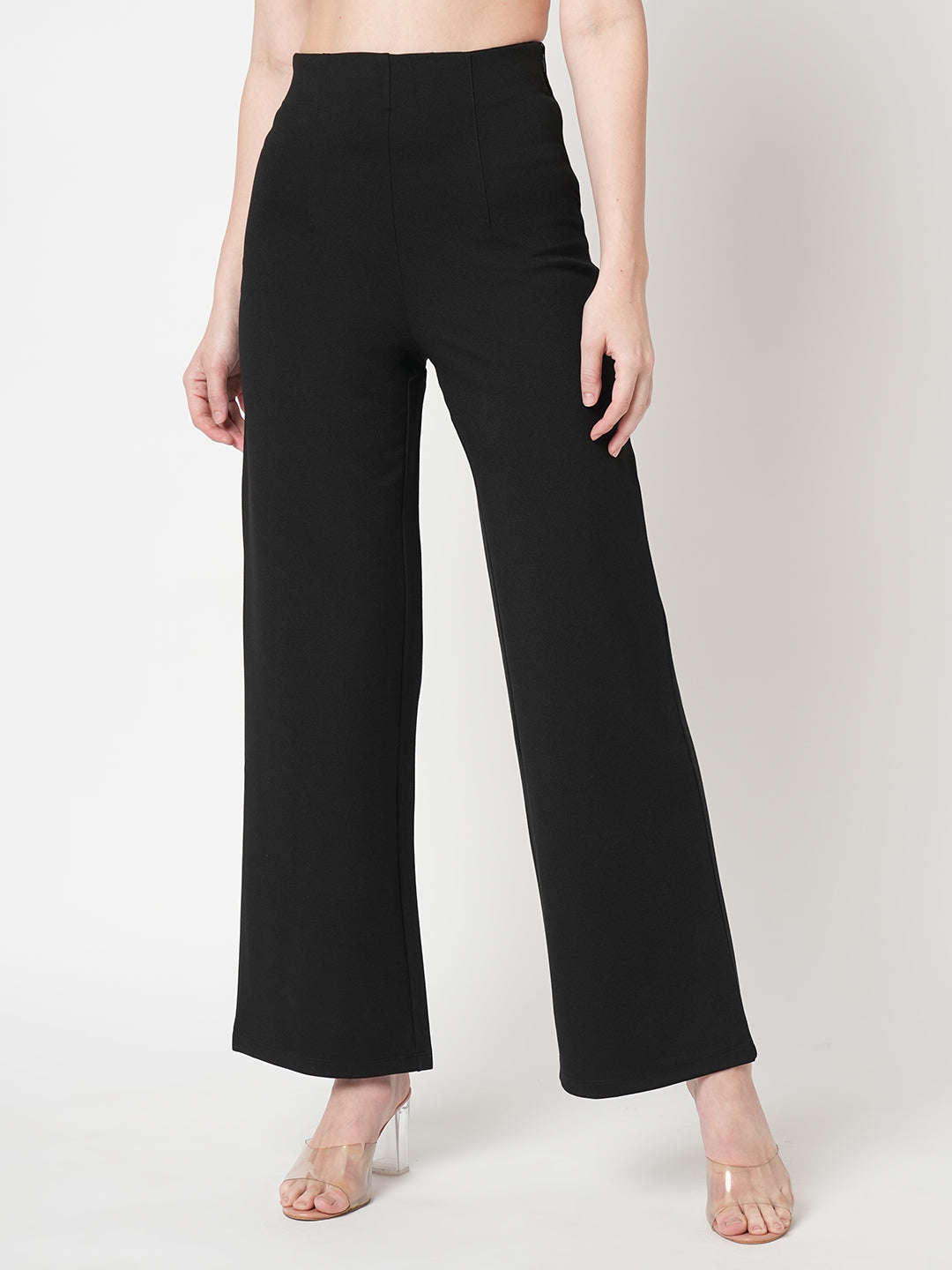 Women Black Mid-Rise Wide Leg Treggings