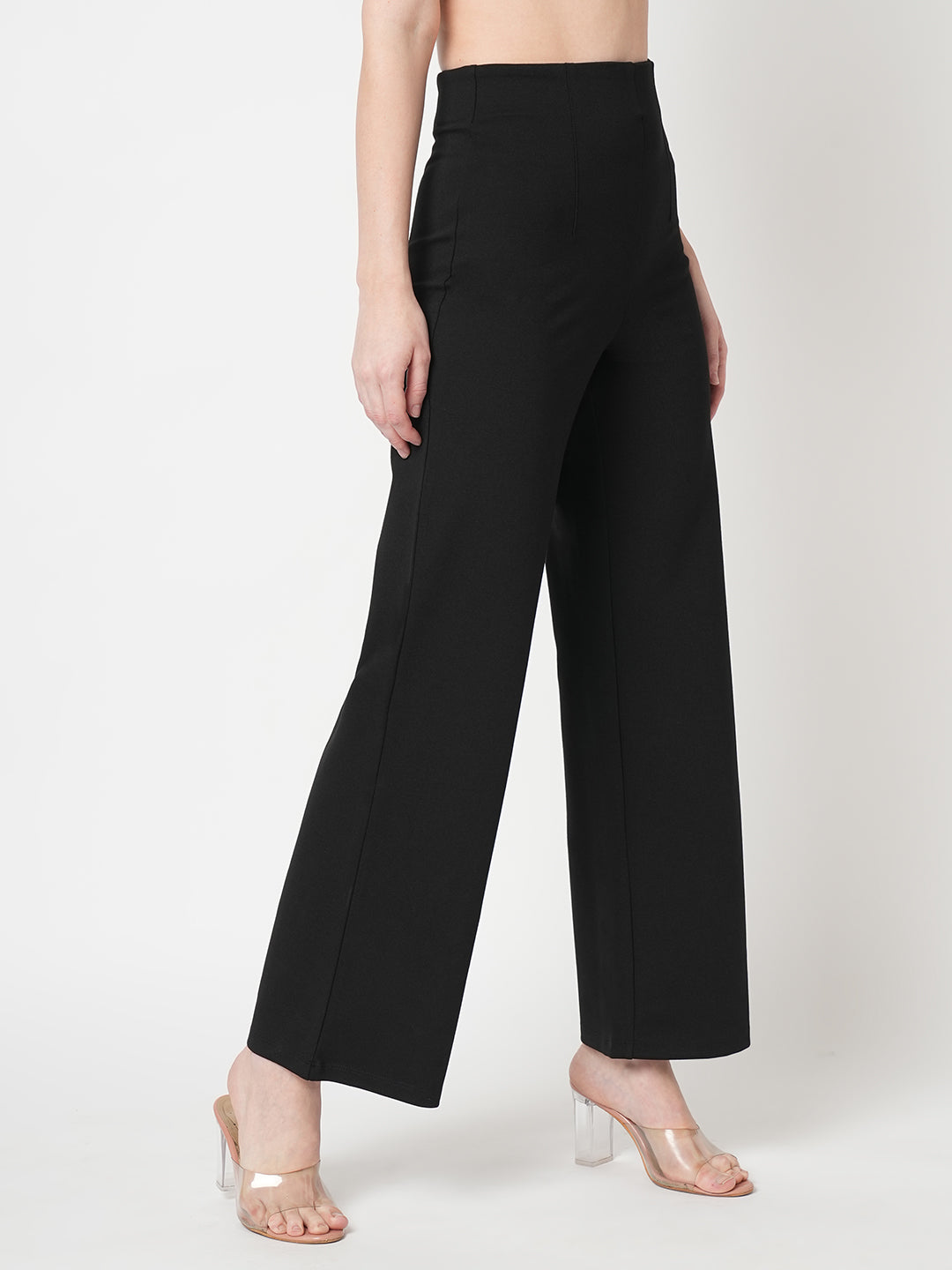 Women Black Mid-Rise Wide Leg Treggings