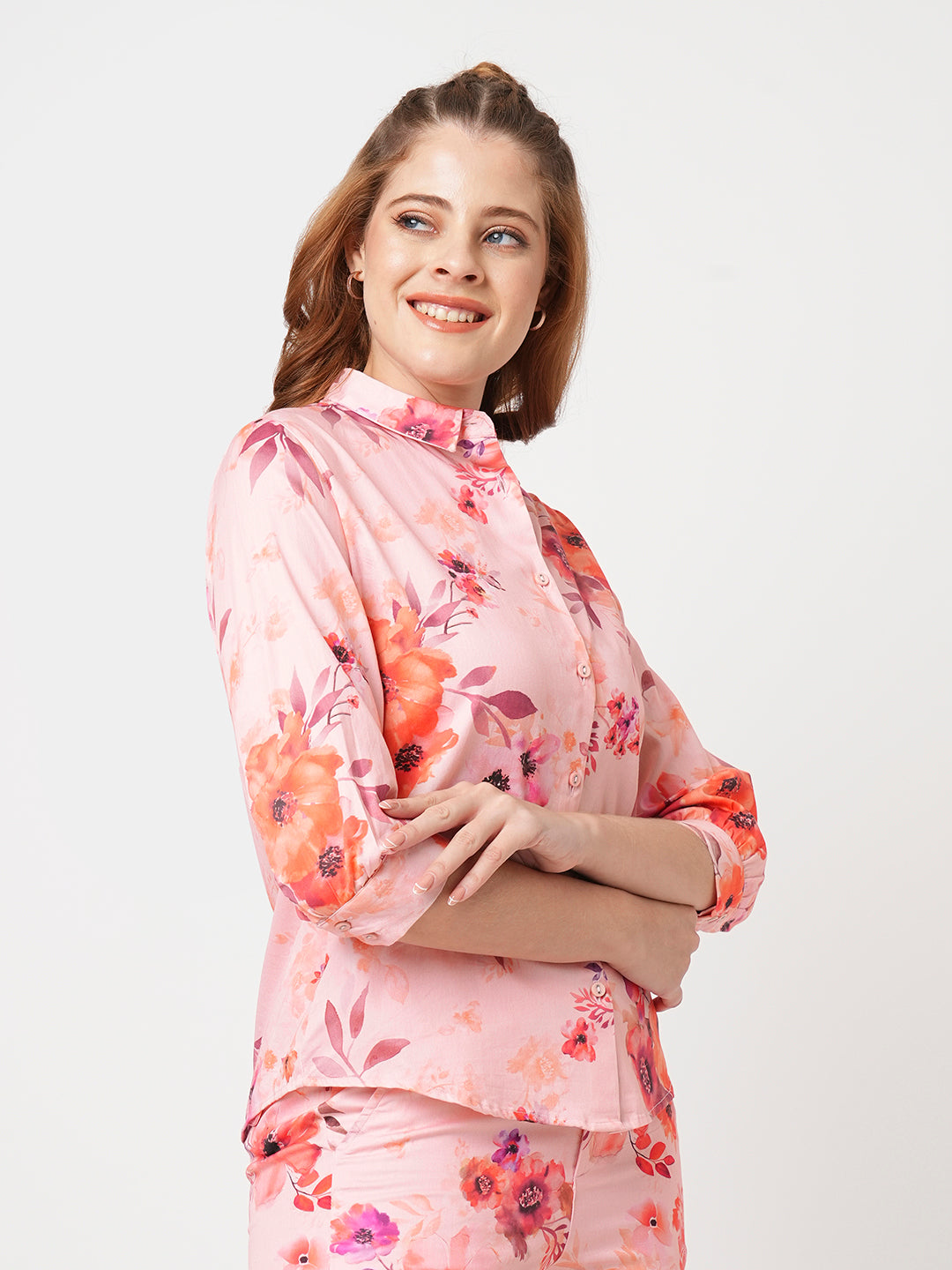 Women Slim Fit Soft Peach Printed Shirt