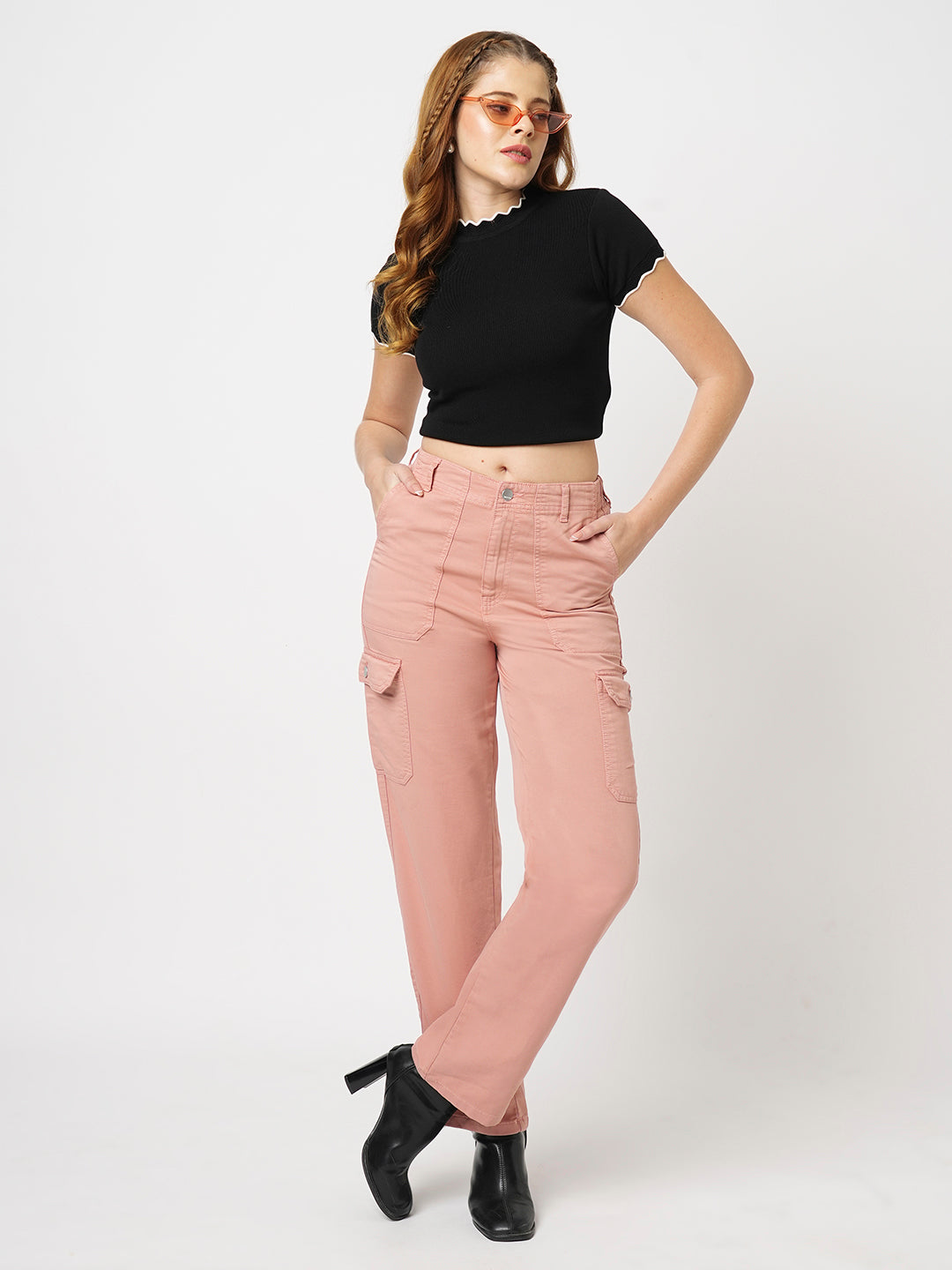 Women Blush Pink High-Rise Cargo