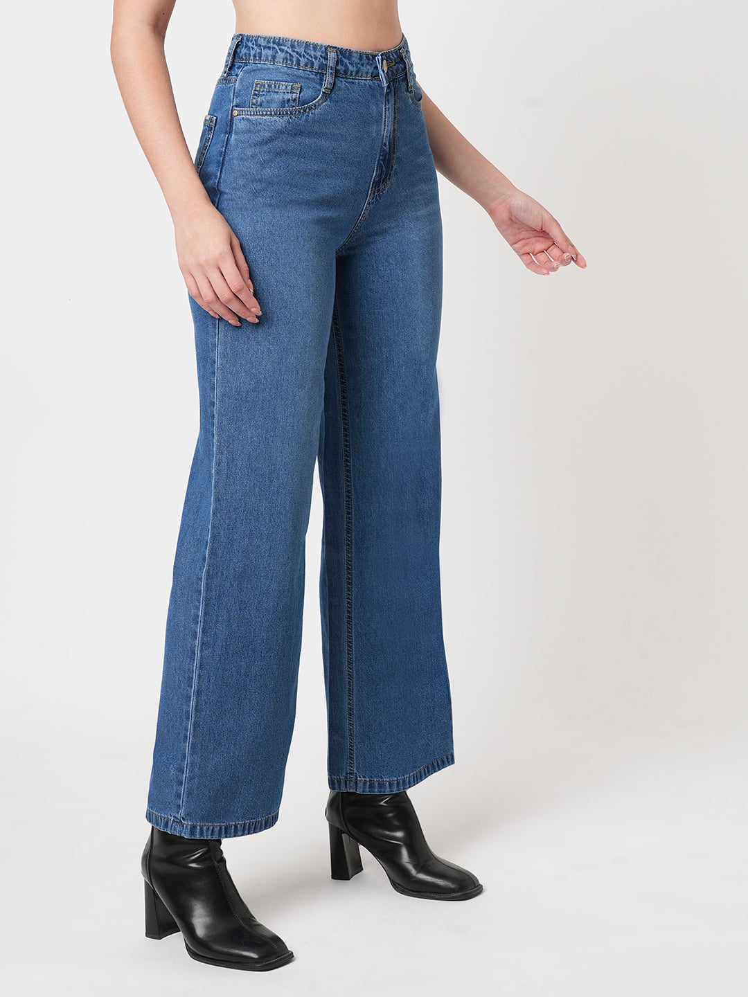 Women Dark Blue High-Rise Wide Leg Jeans