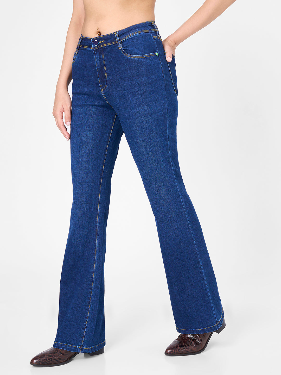 Women Dark Blue High-Rise Flare Jeans