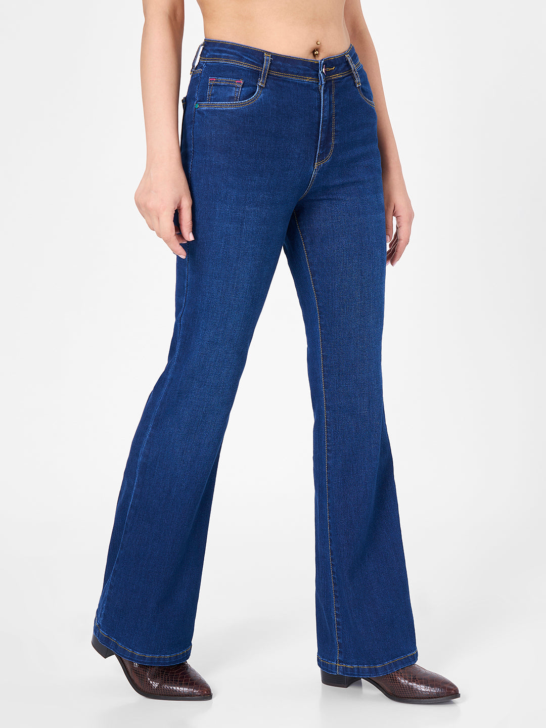Women Dark Blue High-Rise Flare Jeans