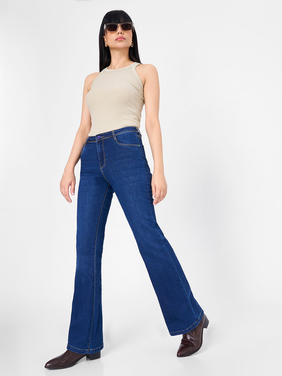 Women Dark Blue High-Rise Flare Jeans