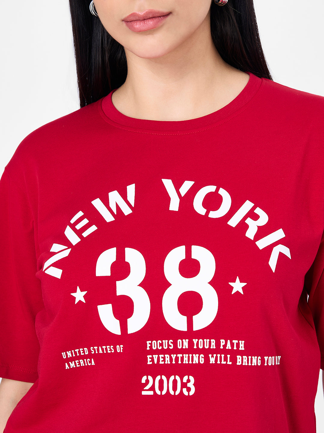 Women Red Graphic Slim Fit Crop T-Shirt