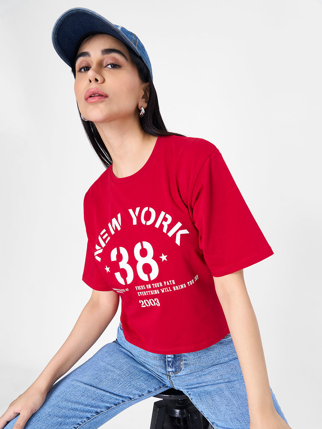 Women Red Graphic Slim Fit Crop T-Shirt