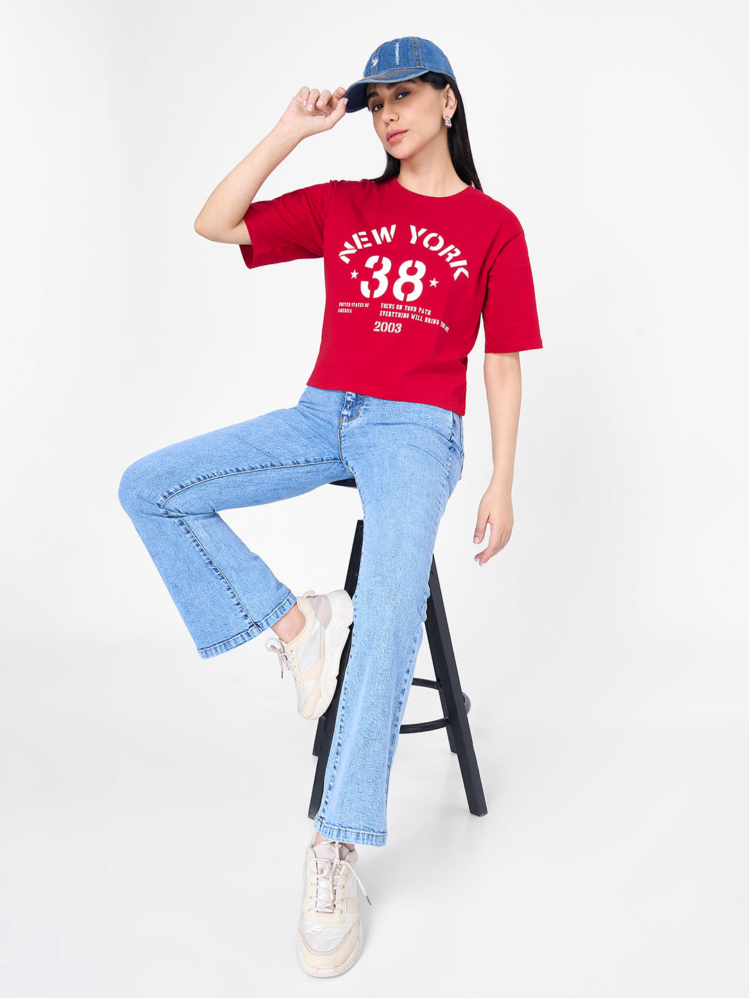Women Red Graphic Slim Fit Crop T-Shirt