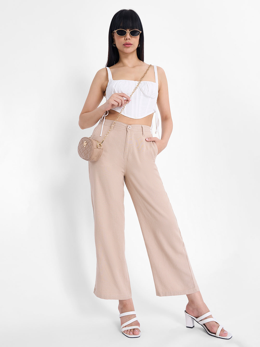 Women Oatmilk Crop Wide Leg Trousers