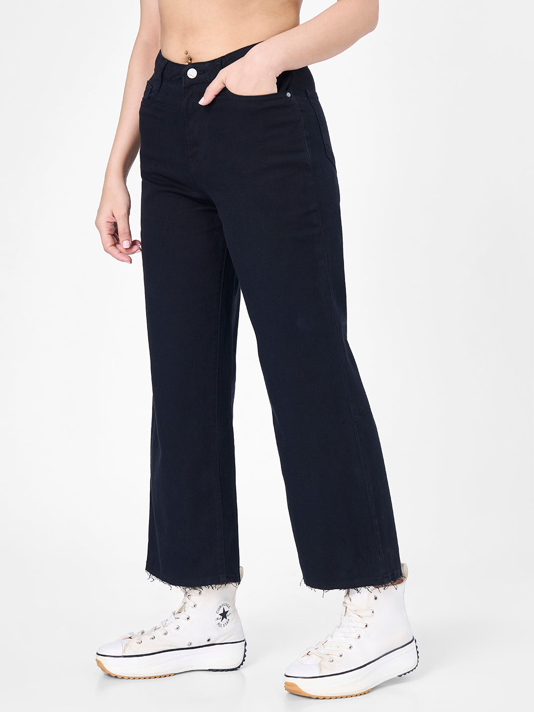 Women Black Crop Wide Leg Jeans