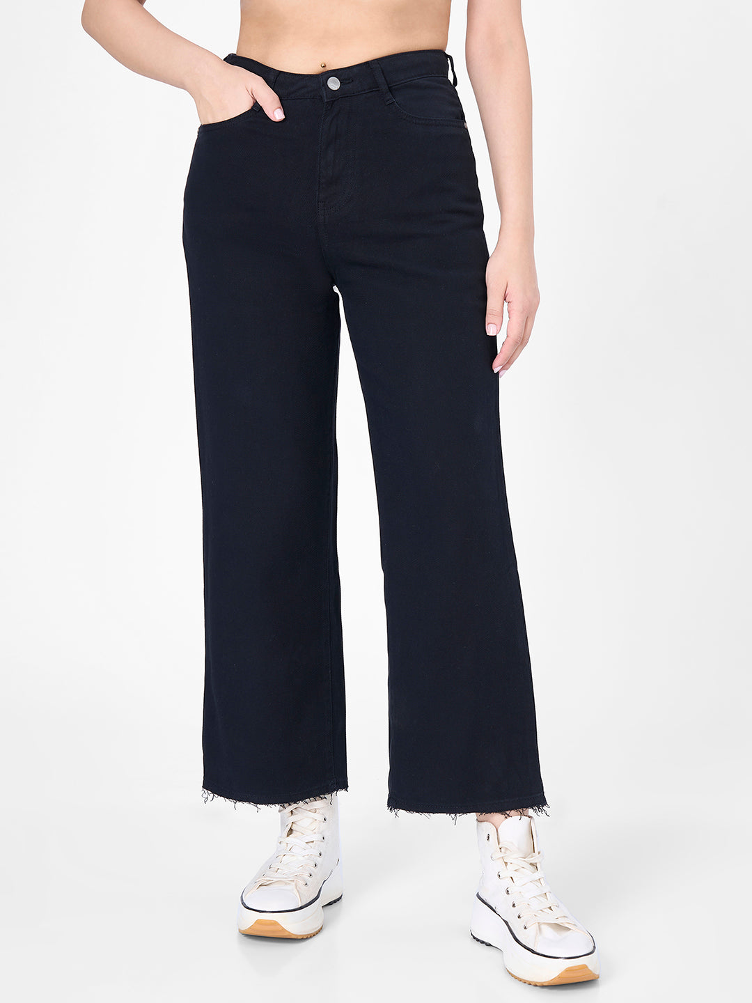 Women Black Crop Wide Leg Jeans