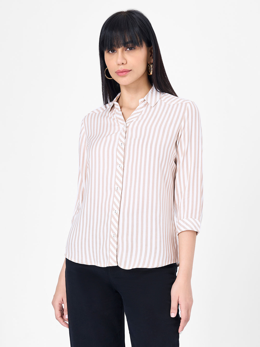 Women Beige/White Slim Shirt