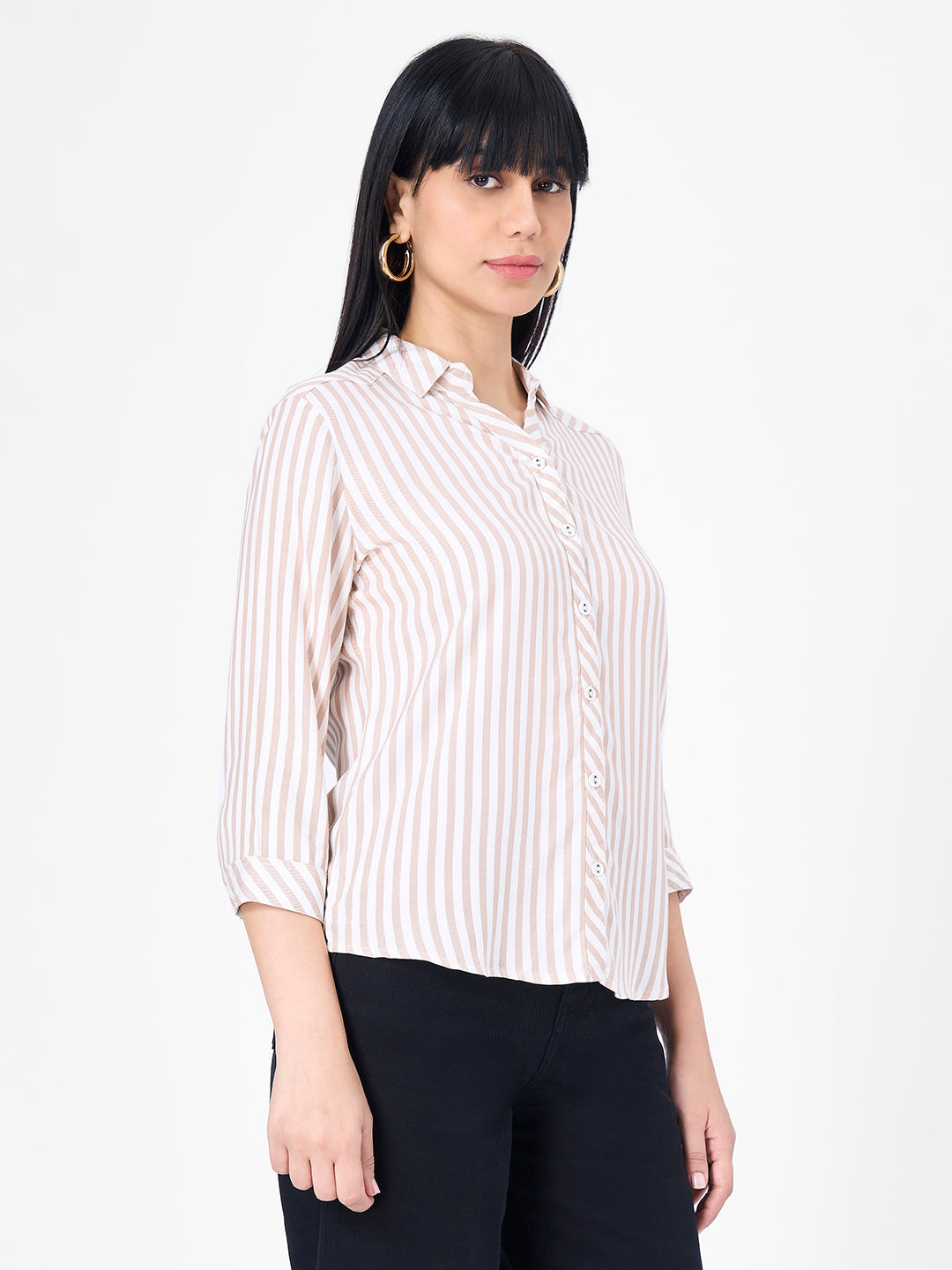 Women Beige/White Slim Shirt