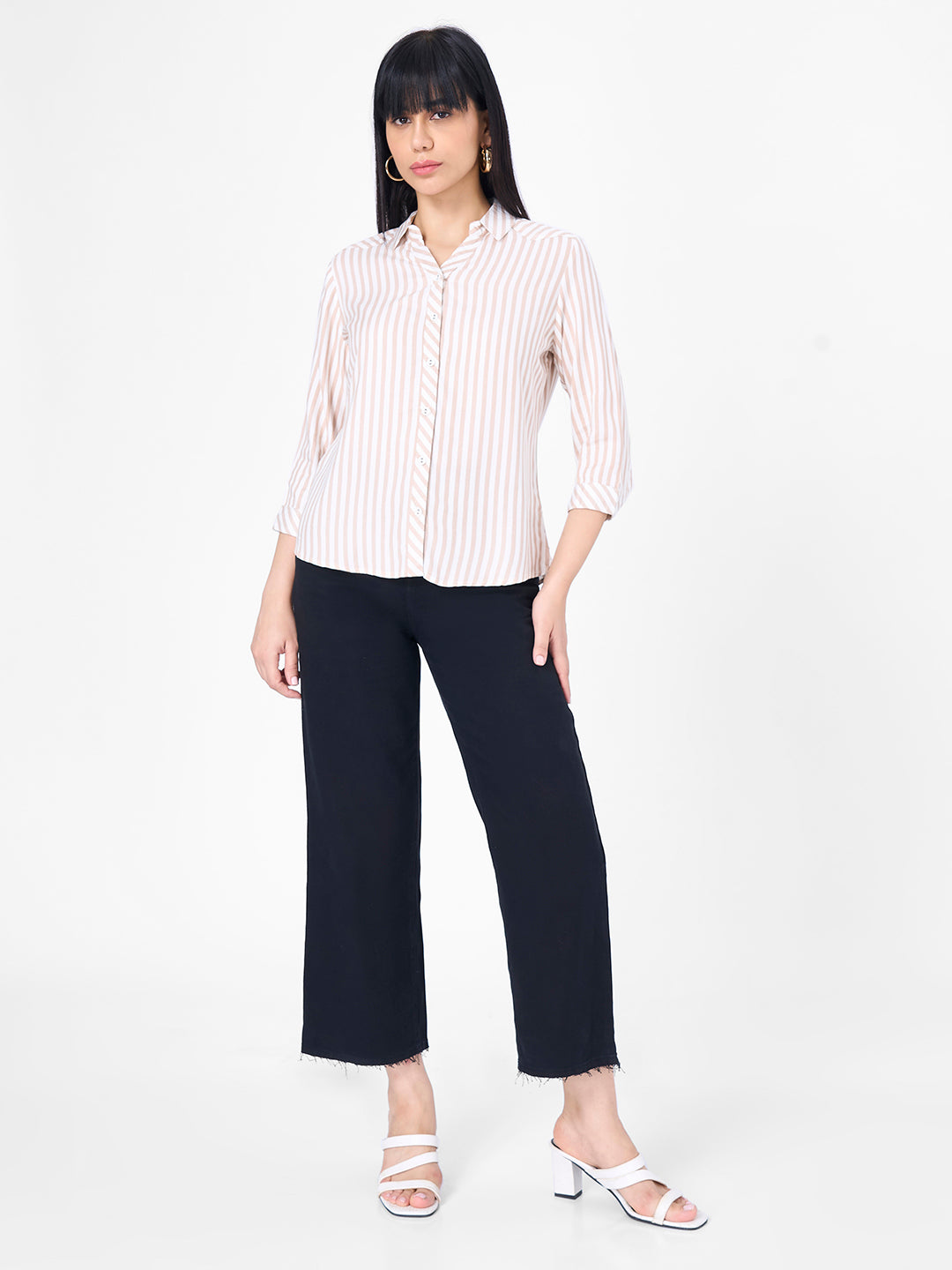 Women Beige/White Slim Shirt