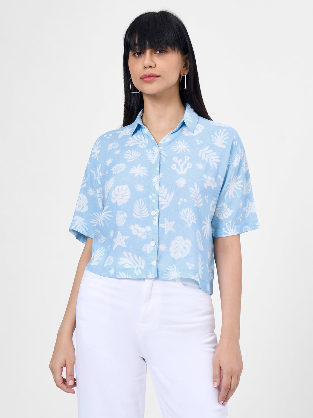 Women Sky Crop Slim Shirt