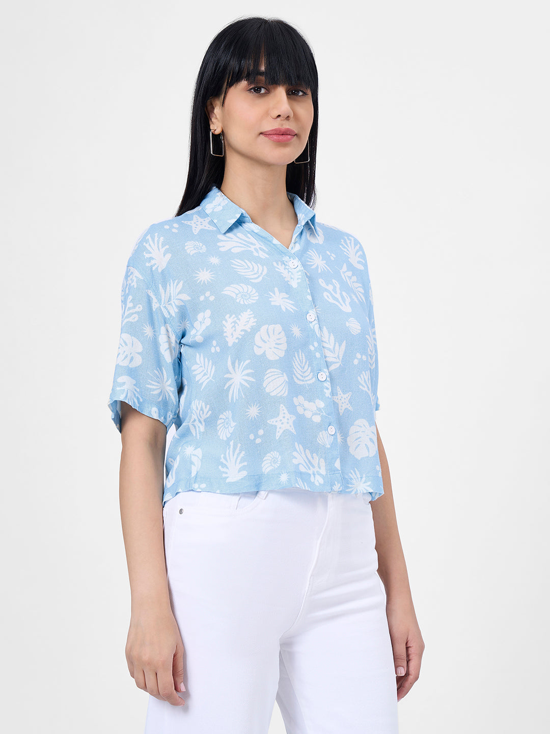 Women Sky Crop Slim Shirt