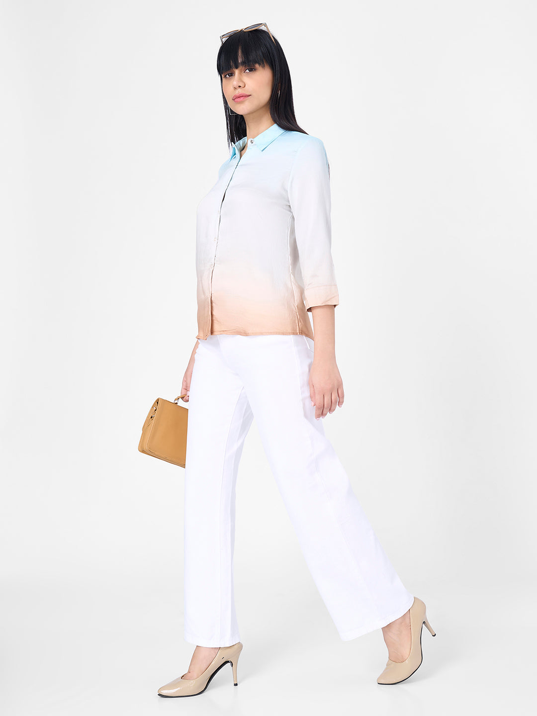 Women Sky/Brown Slim Shirt