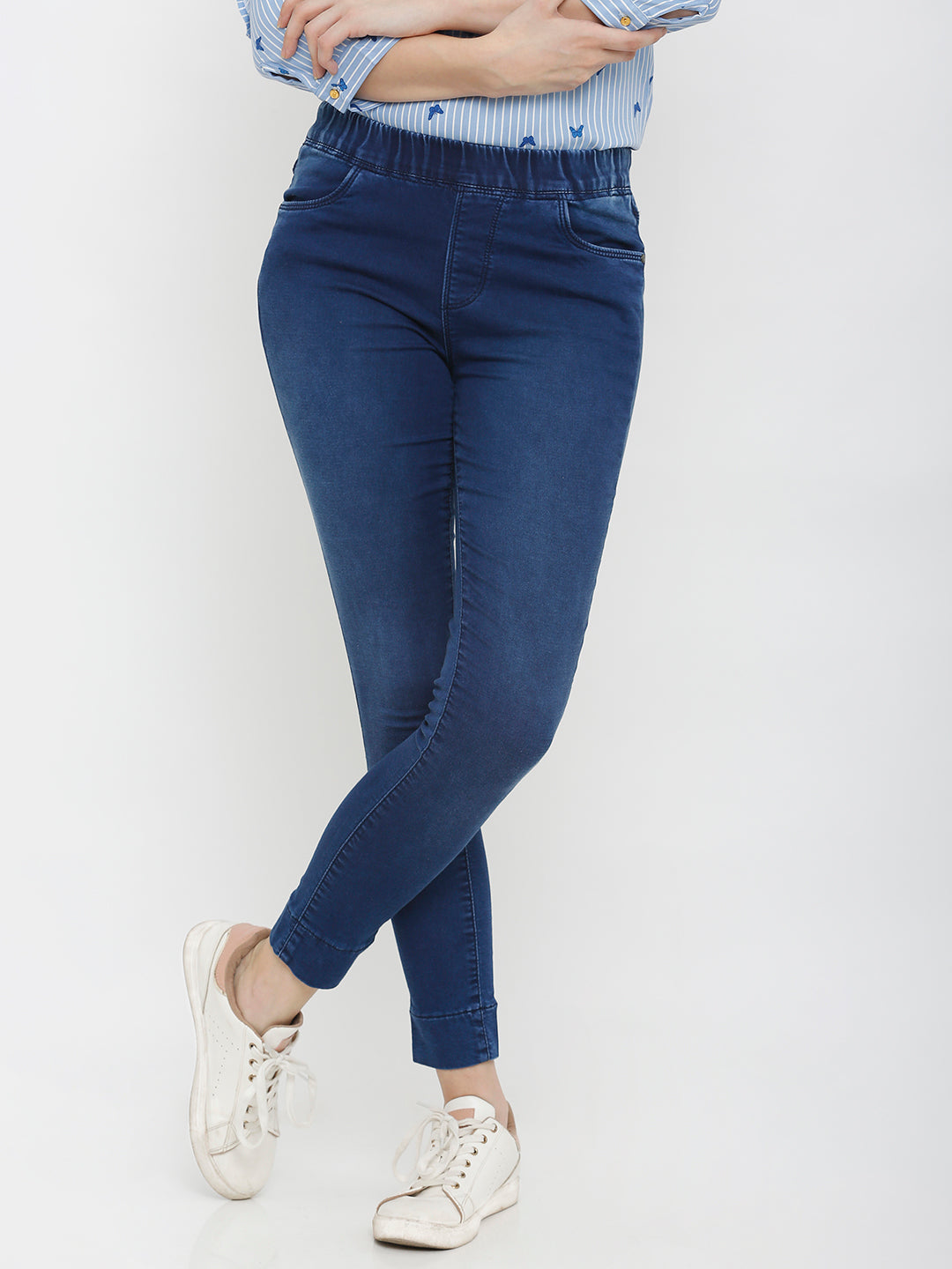 Women Blue Mid-Rise Denim Leggings