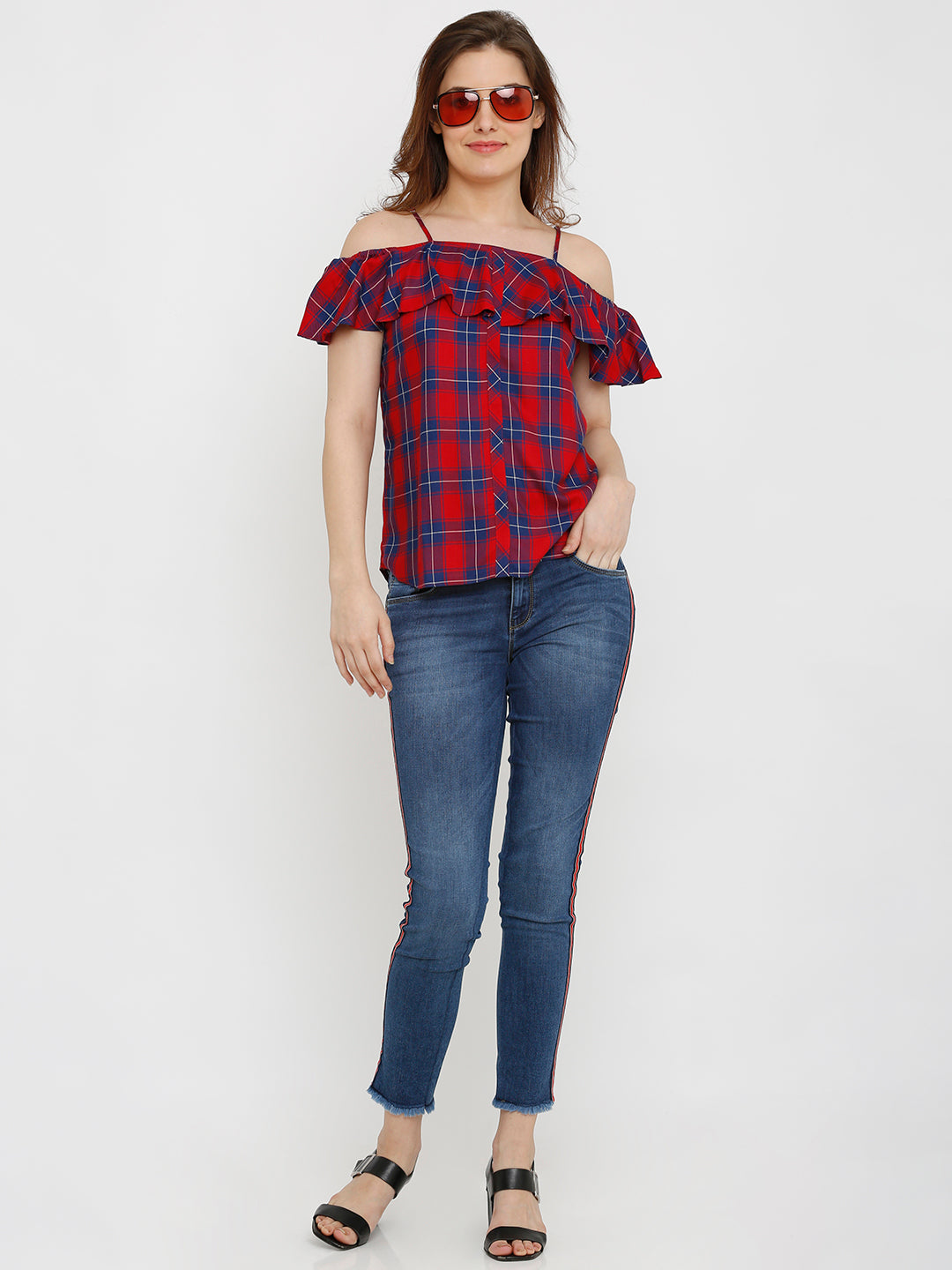 Women Red/Blue Off Shoulder Top