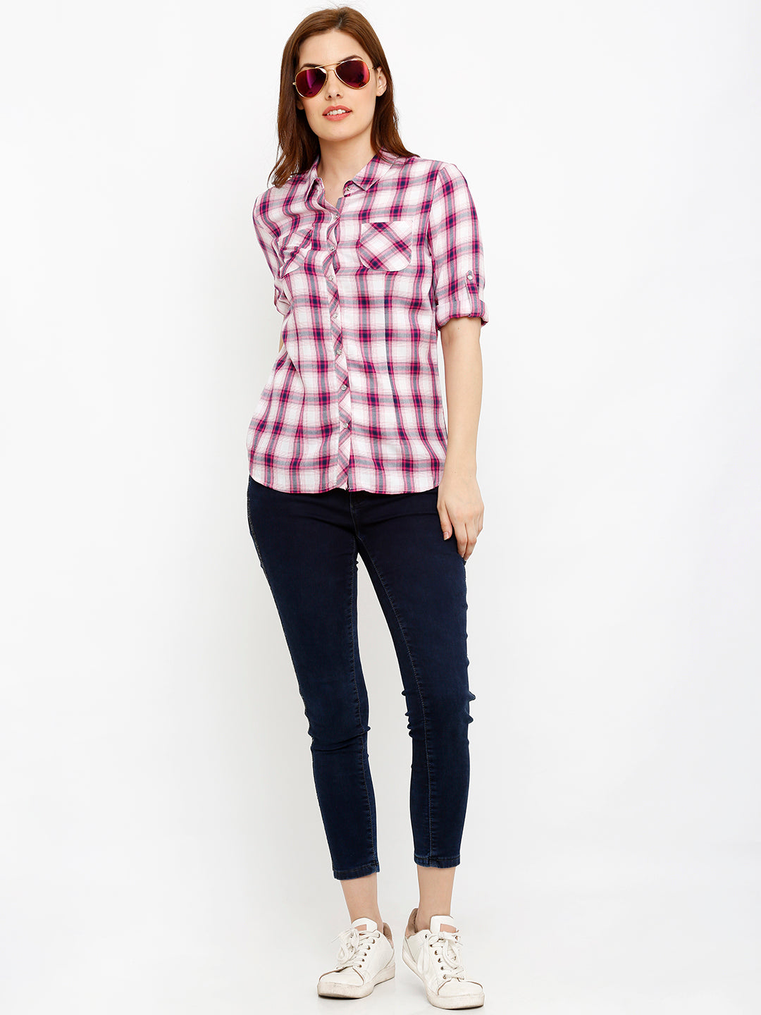Women Pink/White Checks Shirt
