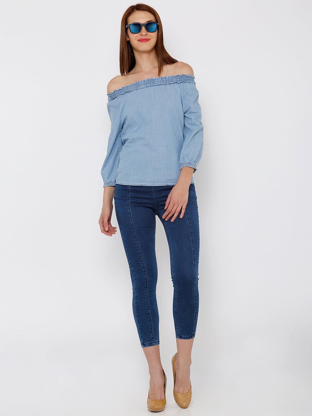 Women Light Blue Off Shoulder Top