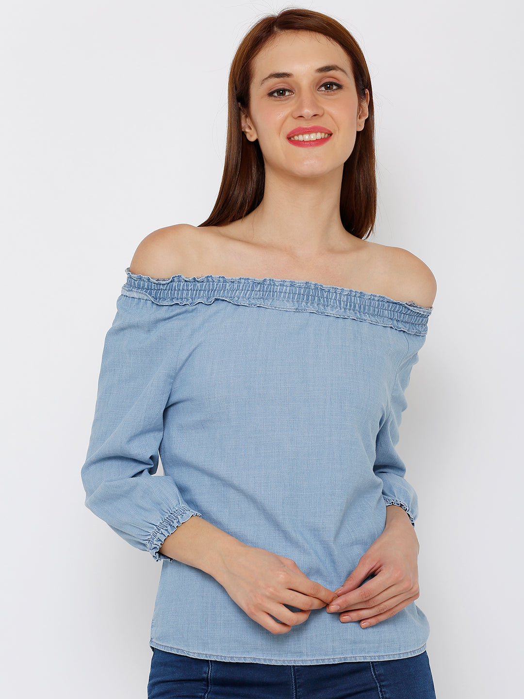 Women Light Blue Off Shoulder Top