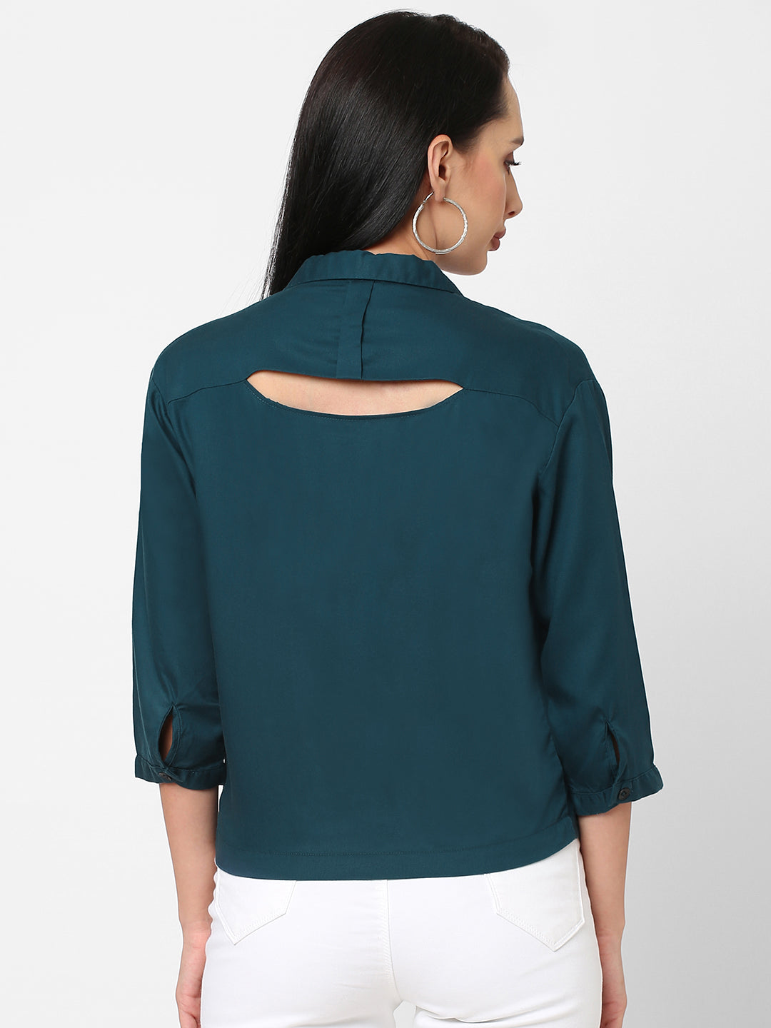 Women Teal Solid Crop Shirt