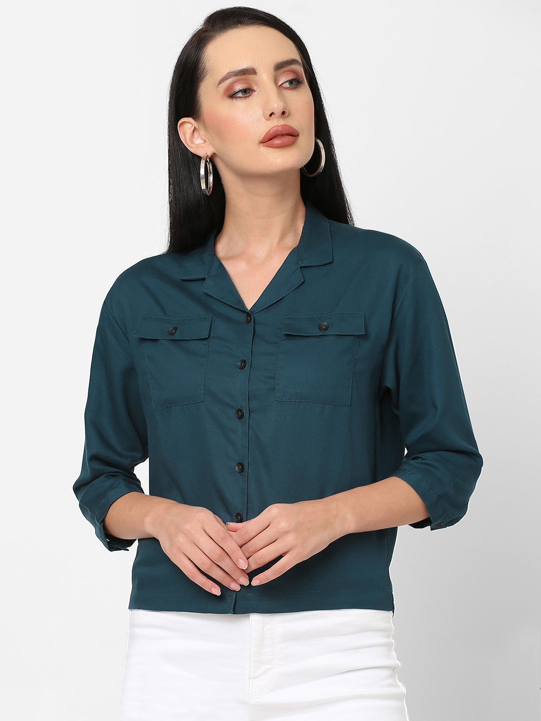 Women Teal Solid Crop Shirt