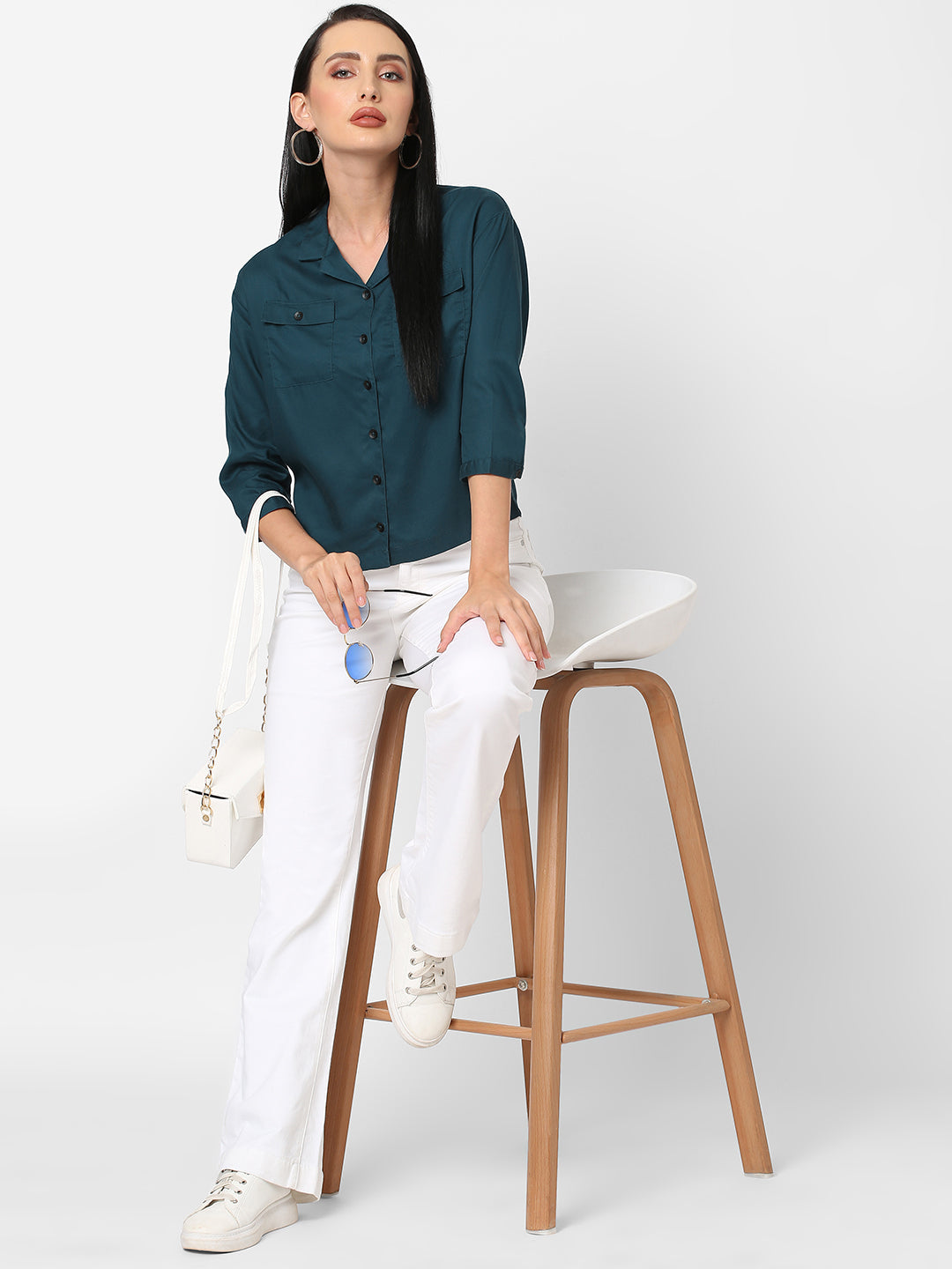 Women Teal Solid Crop Shirt