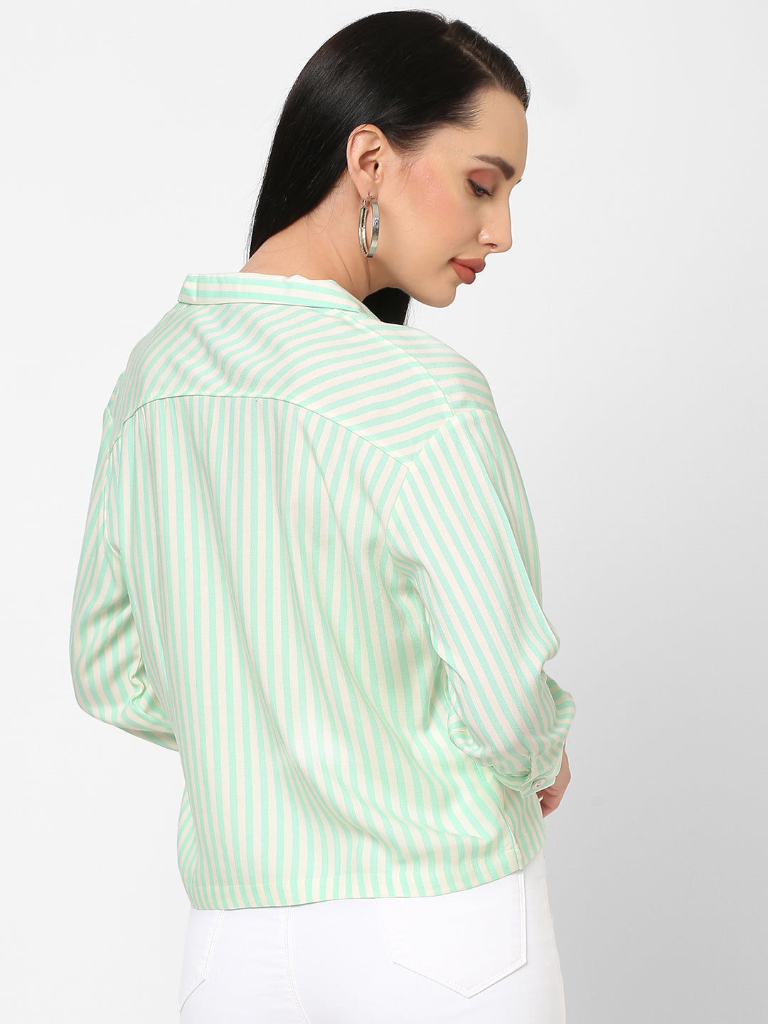 Women Mint-White Slim Crop Shirt