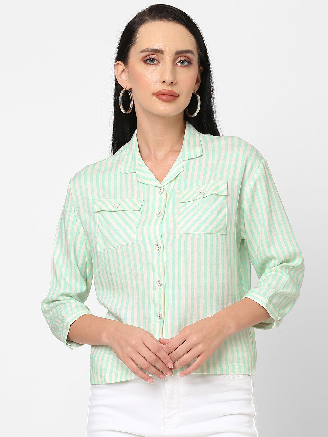 Women Mint-White Slim Crop Shirt
