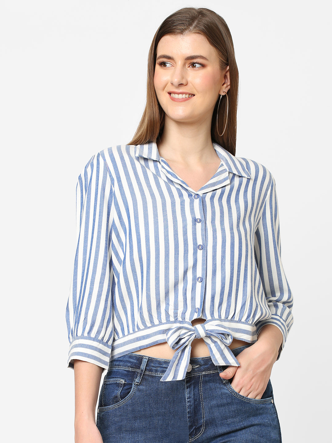 Women Blue & White Slim Crop Shirt