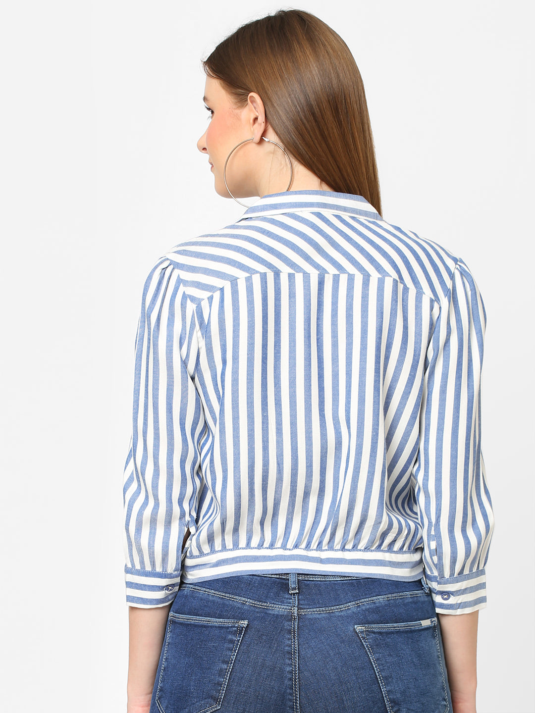 Women Blue & White Slim Crop Shirt