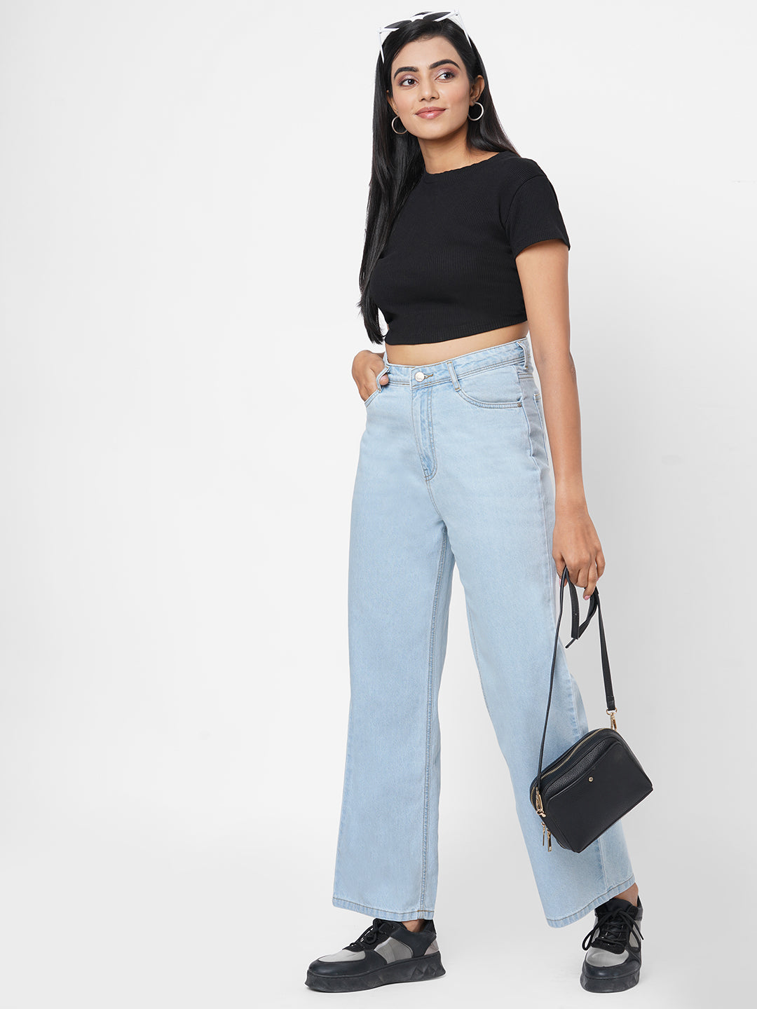 Women Light Blue High-Rise Wide Leg Jeans