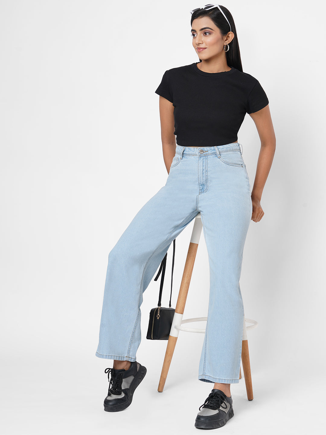 Women Light Blue High-Rise Wide Leg Jeans