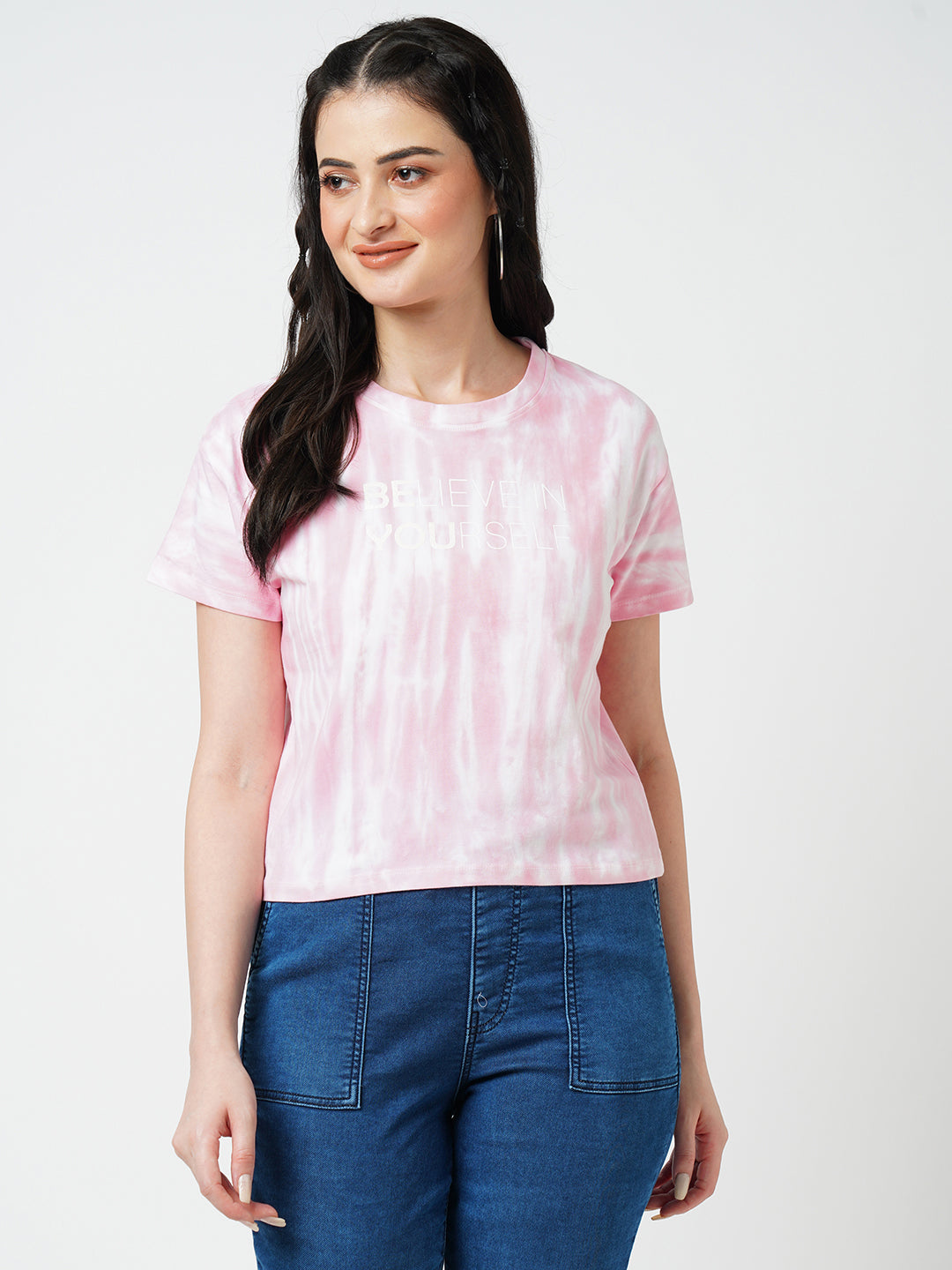 Women Pink Tie & Dye Short Sleeves T-shirt