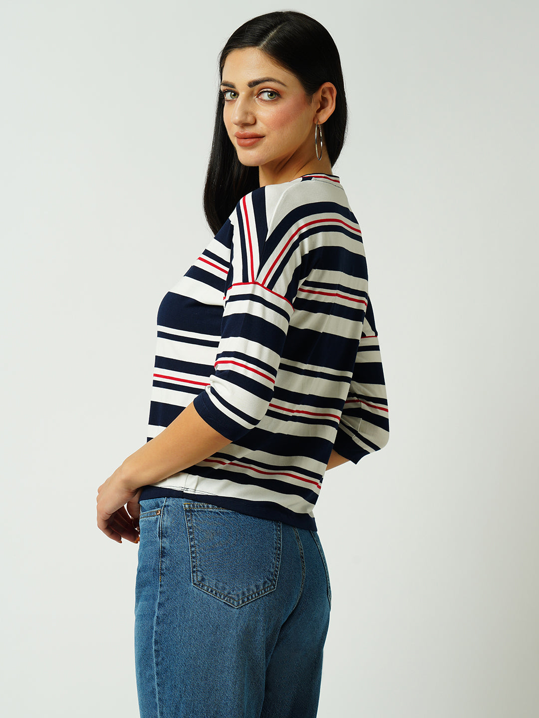 Women Navy/Off White Strip Tshirt