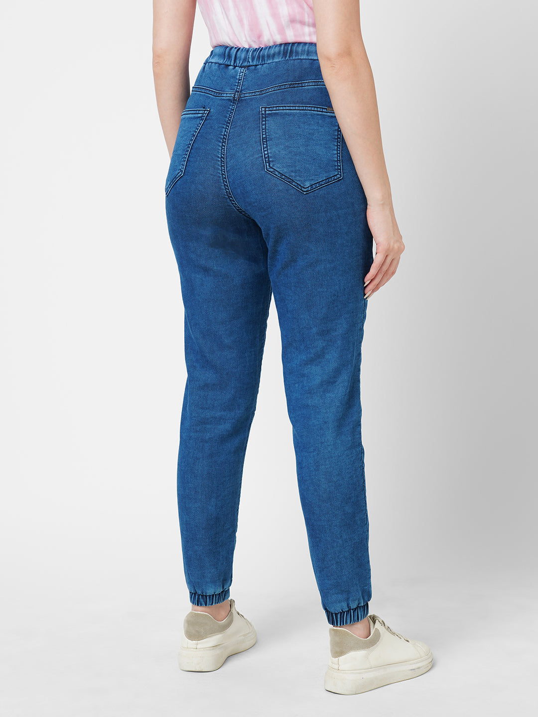Women Dark Blue High-Rise Denim Joggers