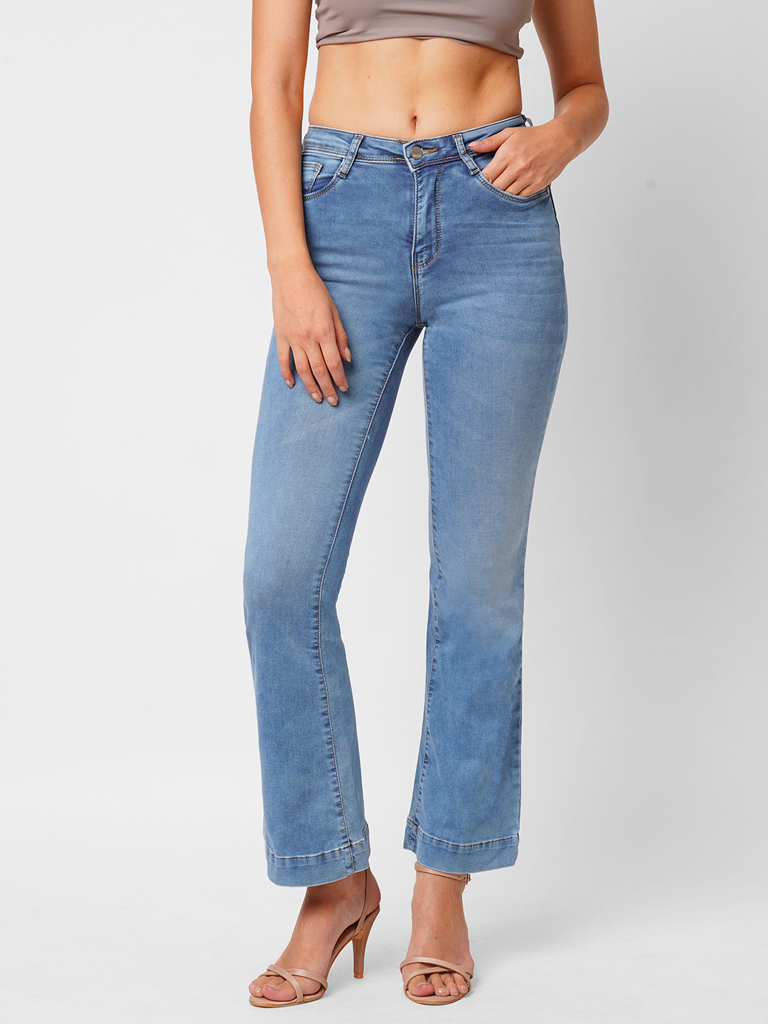 Women Light Blue High-Rise Mini Flare Jeans