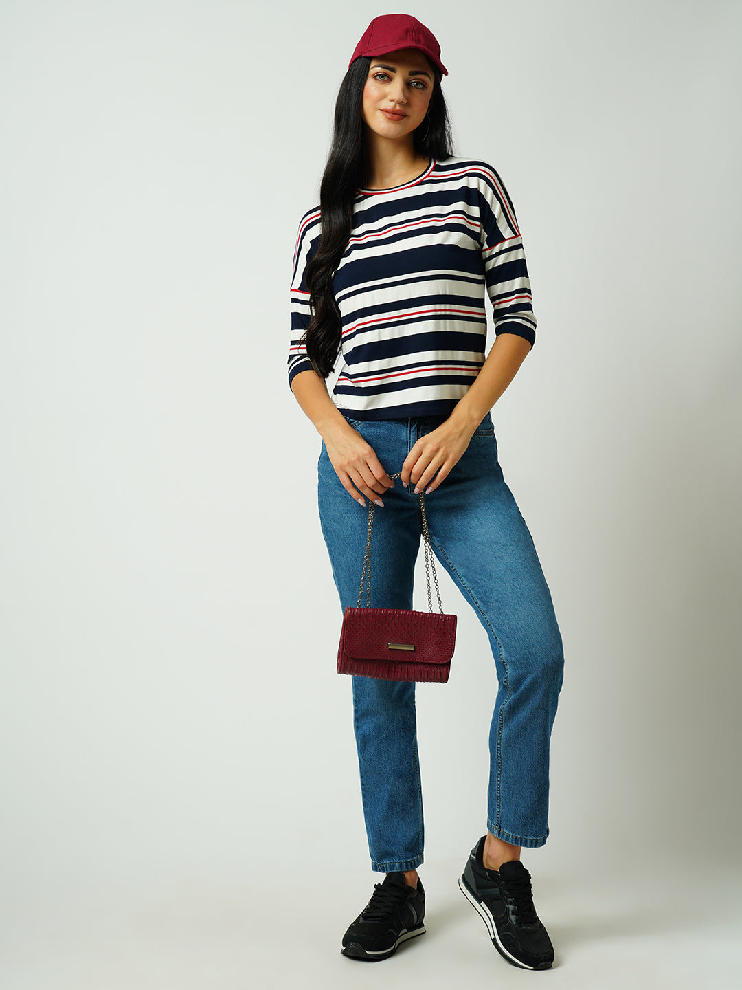Women Navy/Off White Strip Tshirt