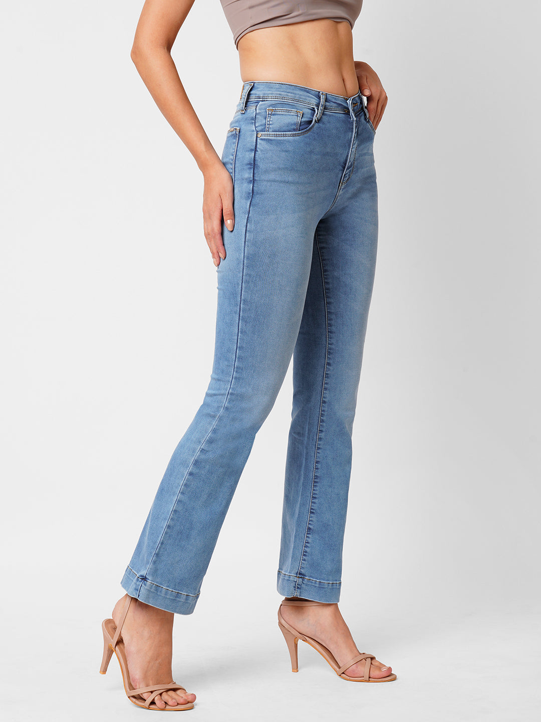 Women Light Blue High-Rise Mini Flare Jeans