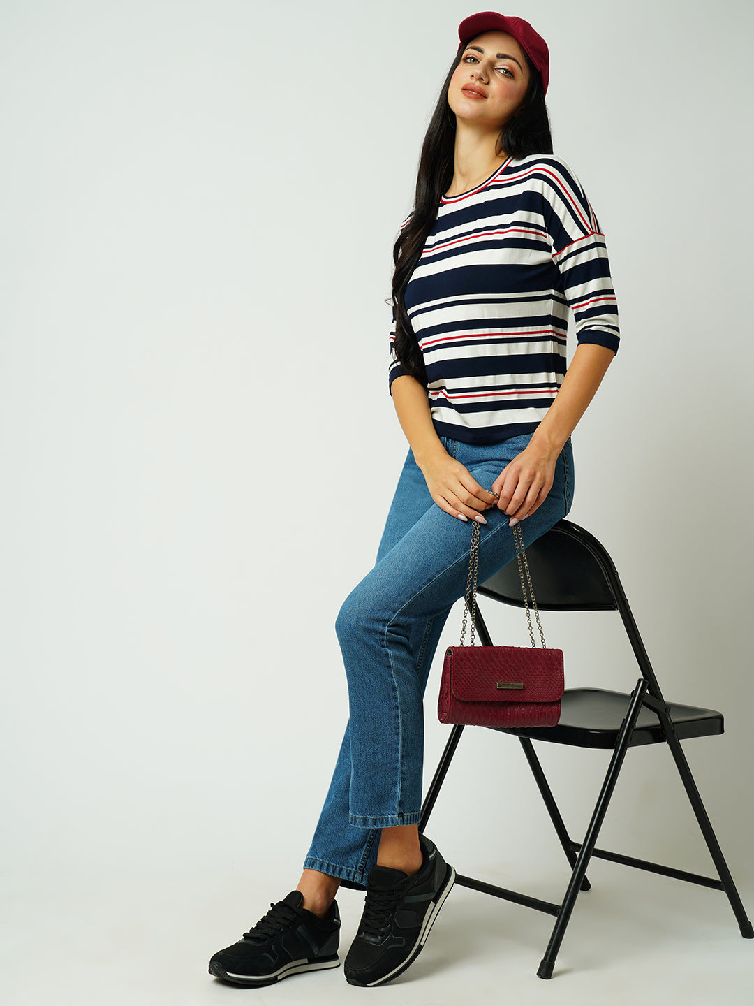 Women Navy/Off White Strip Tshirt