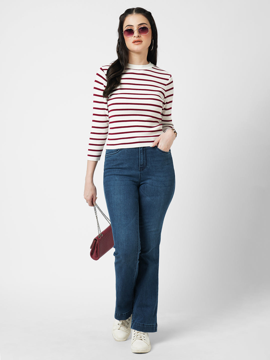 Women Wine White Slim Fit Flat Knit
