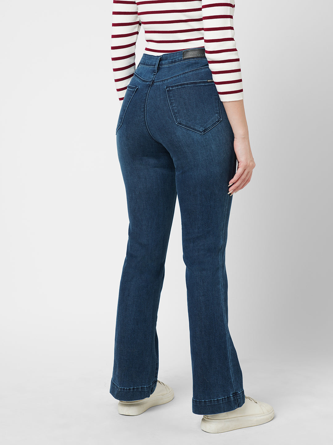Women Dark Blue High-Rise Mini Flare Jeans