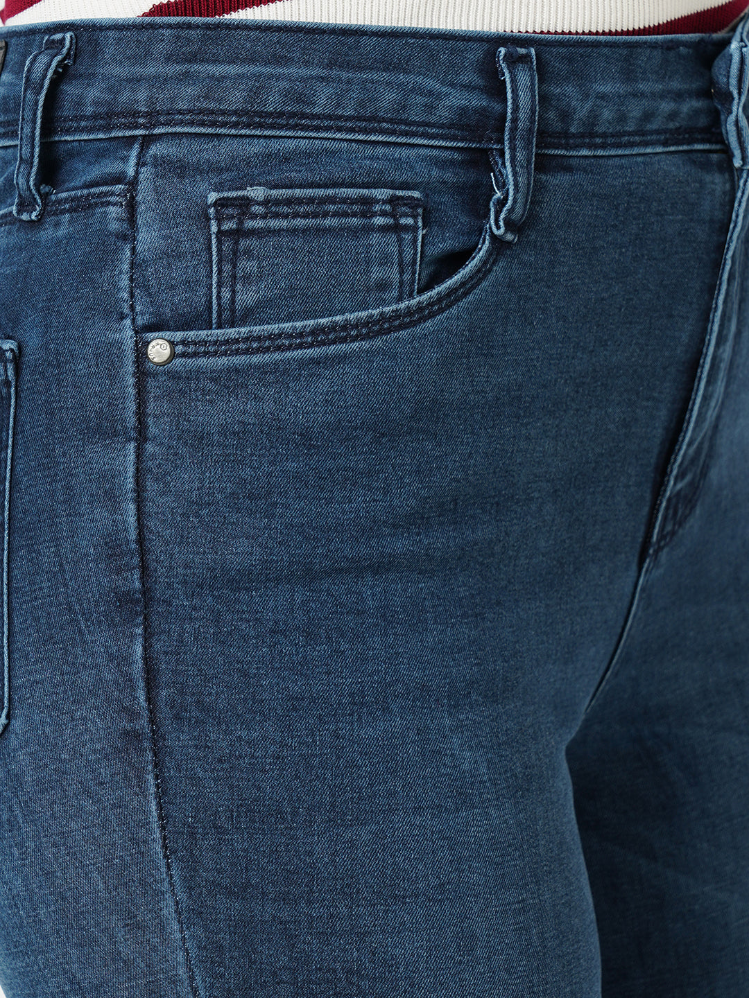 Women Dark Blue High-Rise Mini Flare Jeans