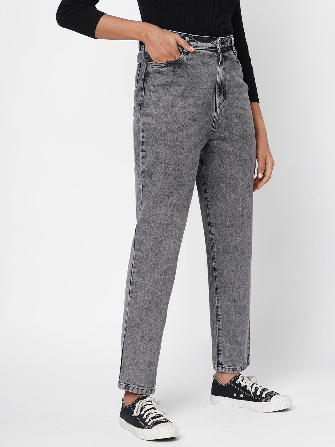 Women Grey High-Rise Mom Fit Jeans