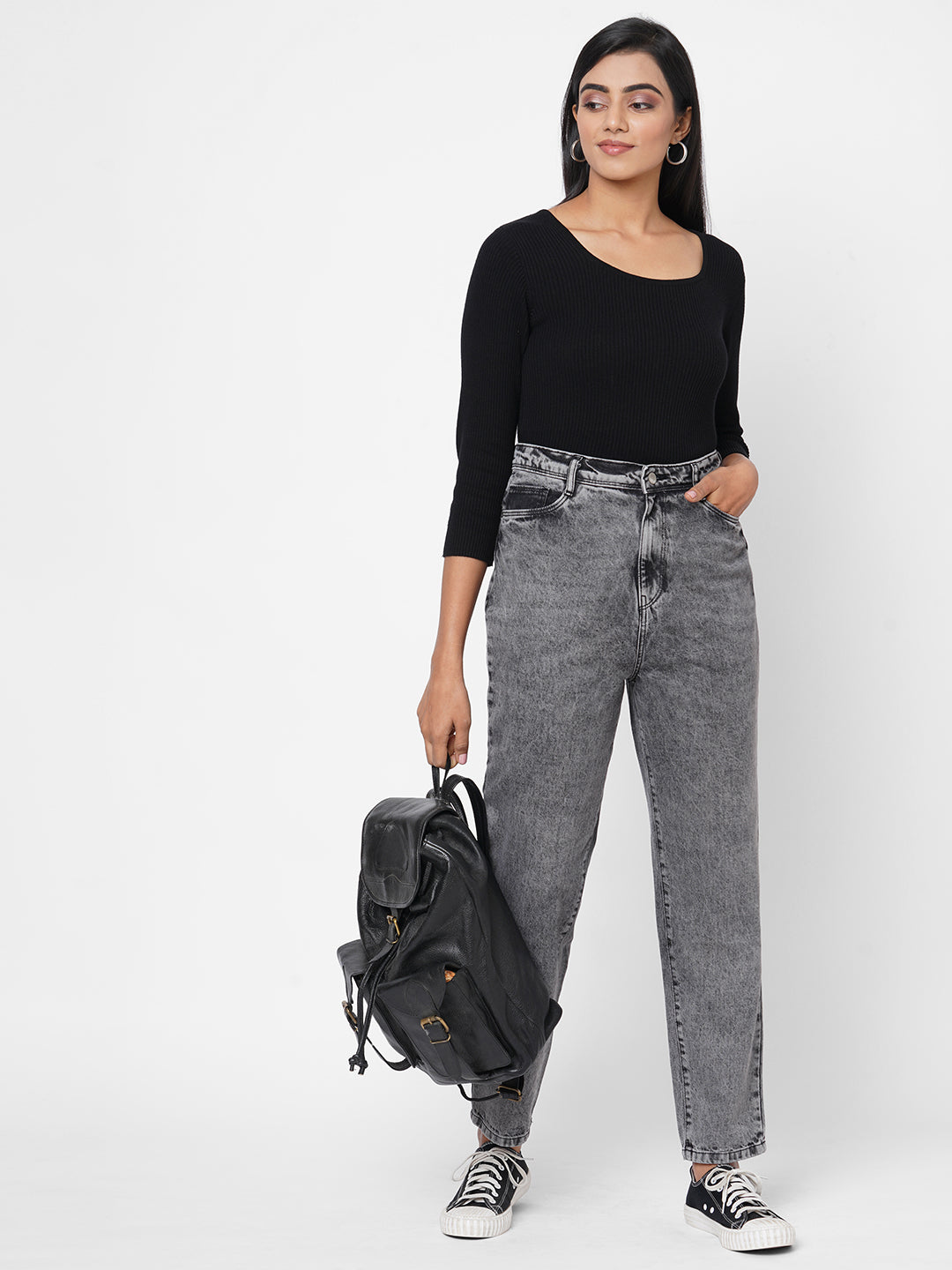 Women Grey High-Rise Mom Fit Jeans