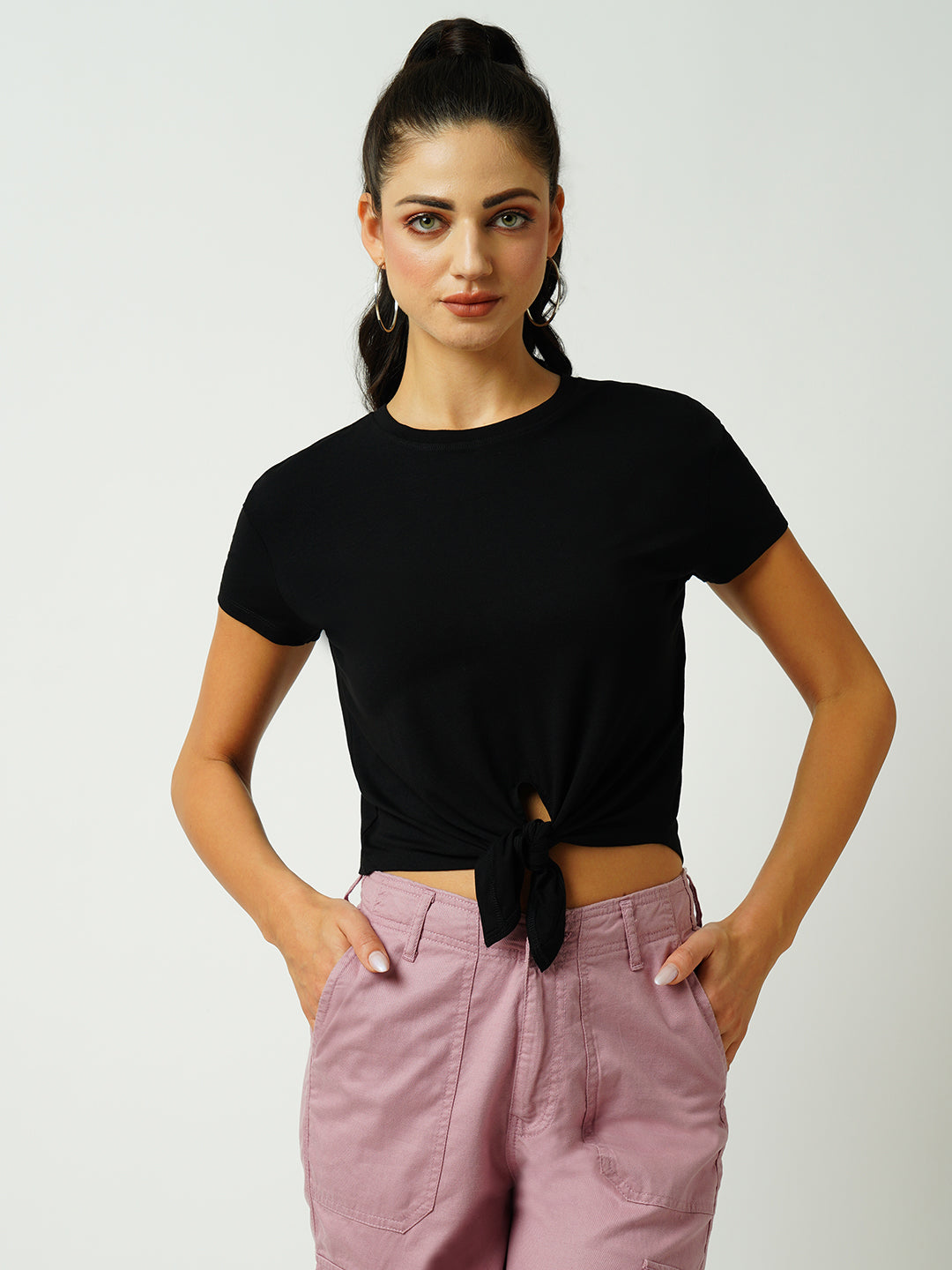 Women Black Crop T-Shirt