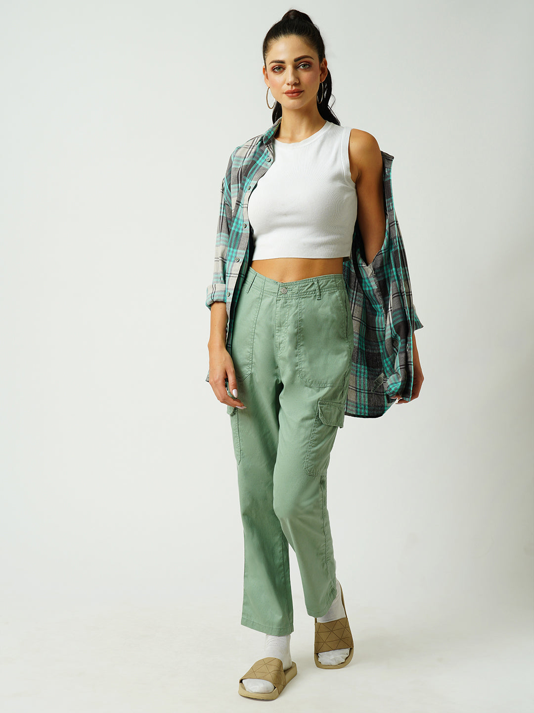 Women Mint Green Mid-Rise Skinny Cargo